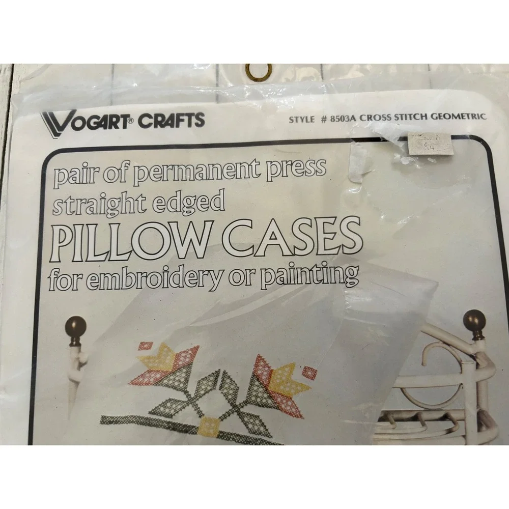 Vogart Crafts Vintage 1980 Stamped Pillowcases Cross Stitch Geometric 8503A Pair